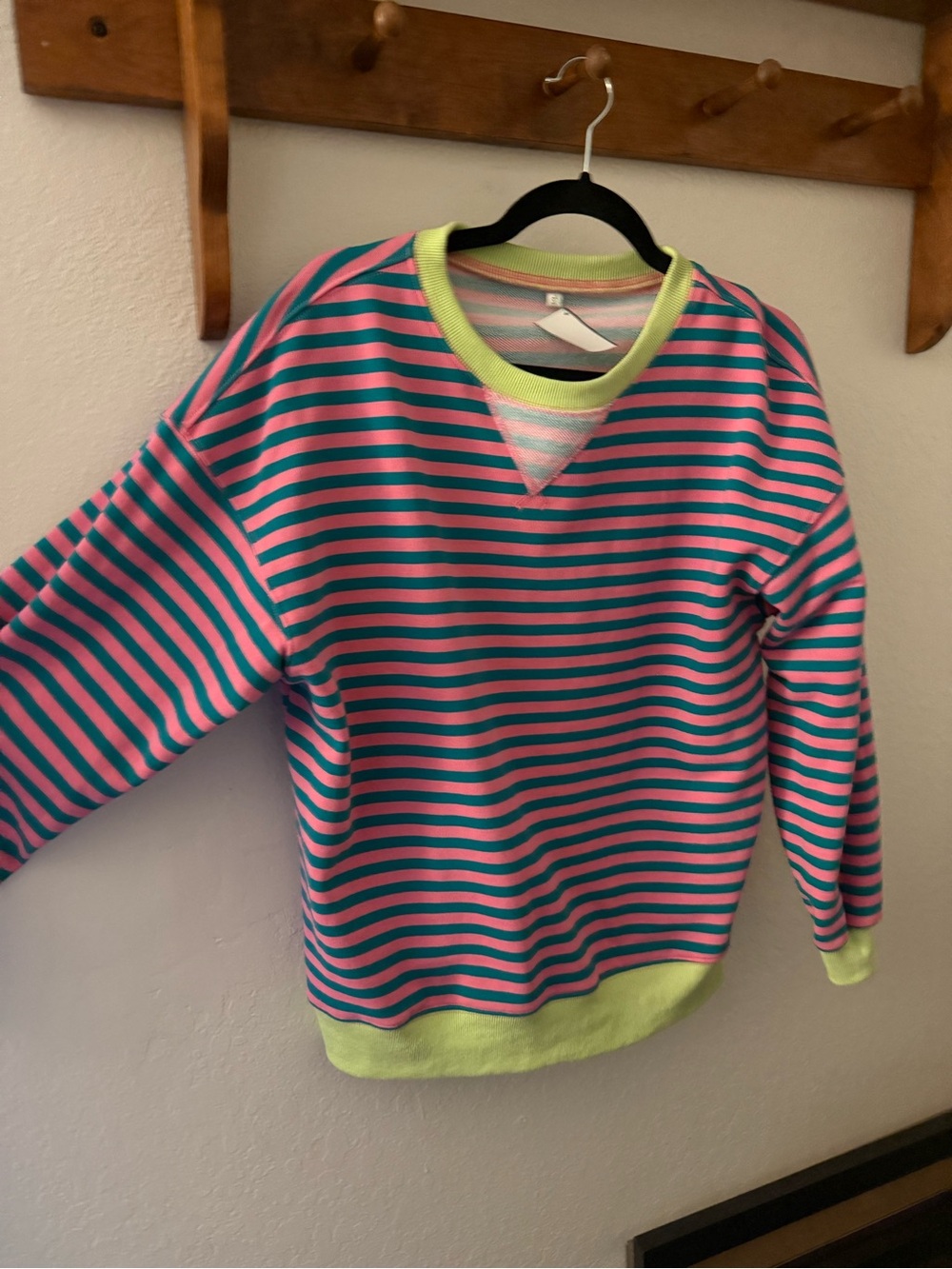 Striped Crewneck Sweatshirt in Pink & Teal with Lime Trim